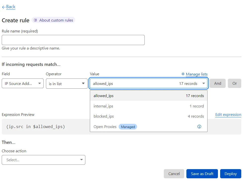 Selecting an IP list from the Value drop-down list when configuring the expression of a WAF custom rule