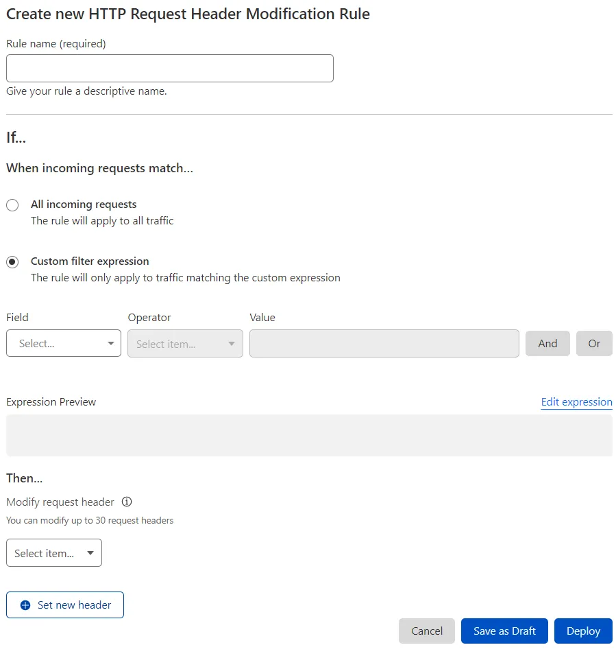 The HTTP request header modification rule creation page in the Cloudflare dashboard.