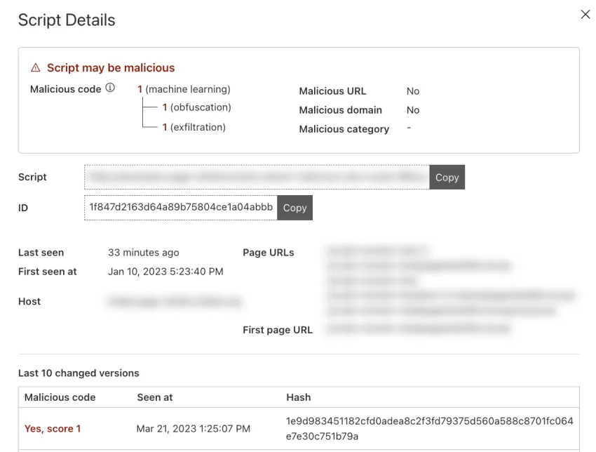 Page Shield dialog box showing the details of a script considered malicious.