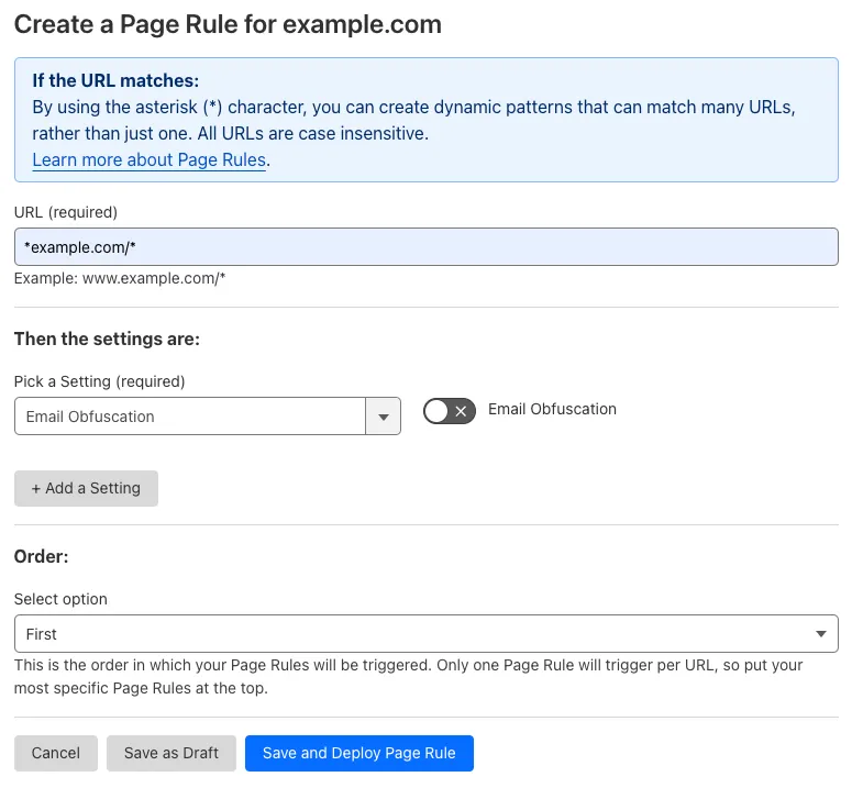 Example Page Rule with 'Email Obfuscation' setting