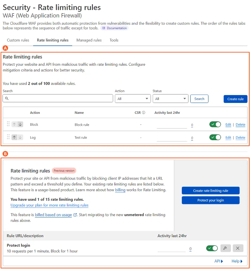 The Cloudflare dashboard showing both versions of rate limiting rules under WAF.